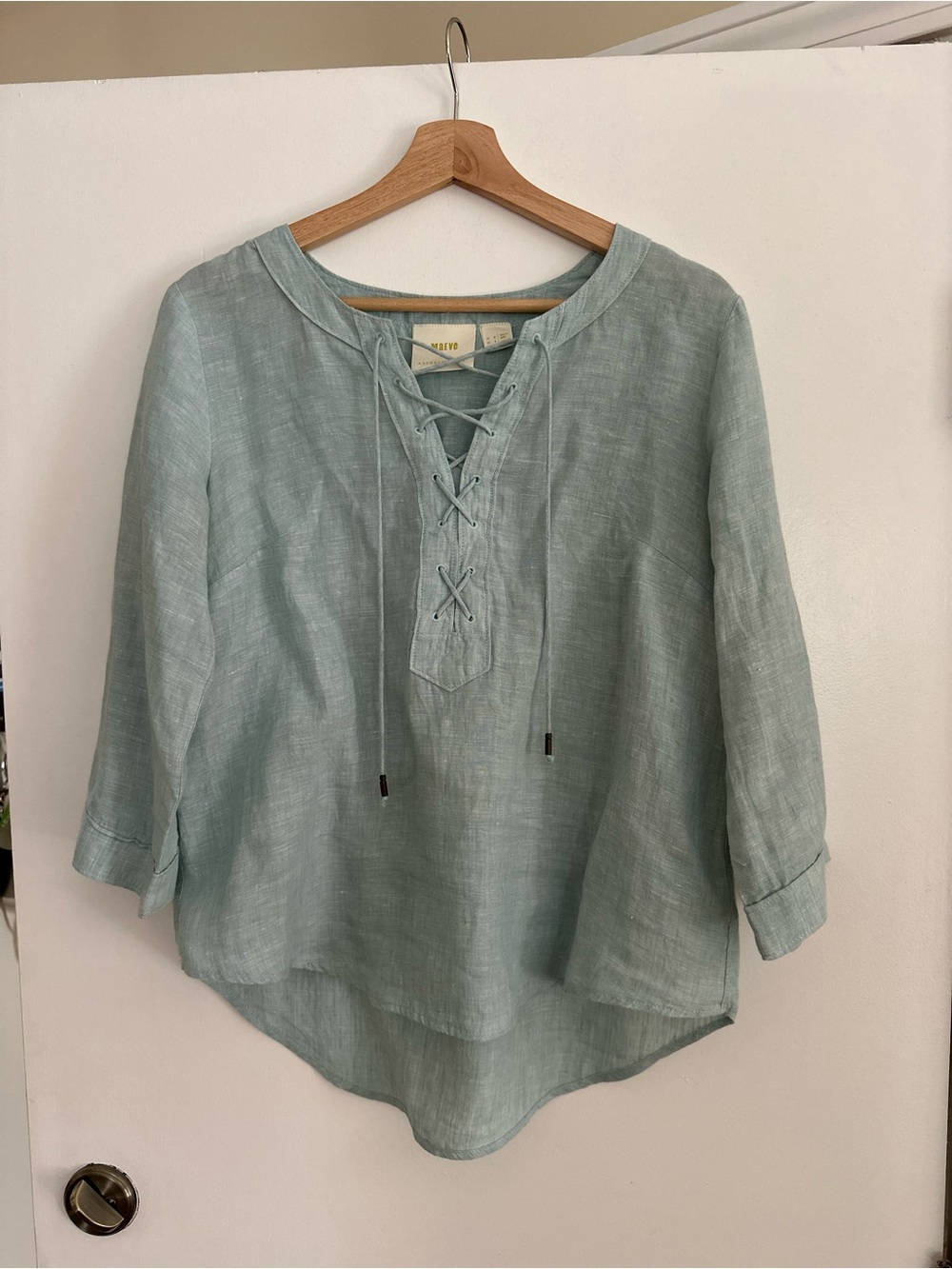 Anthropologie Seafoam Lace-Up Linen Tunic
